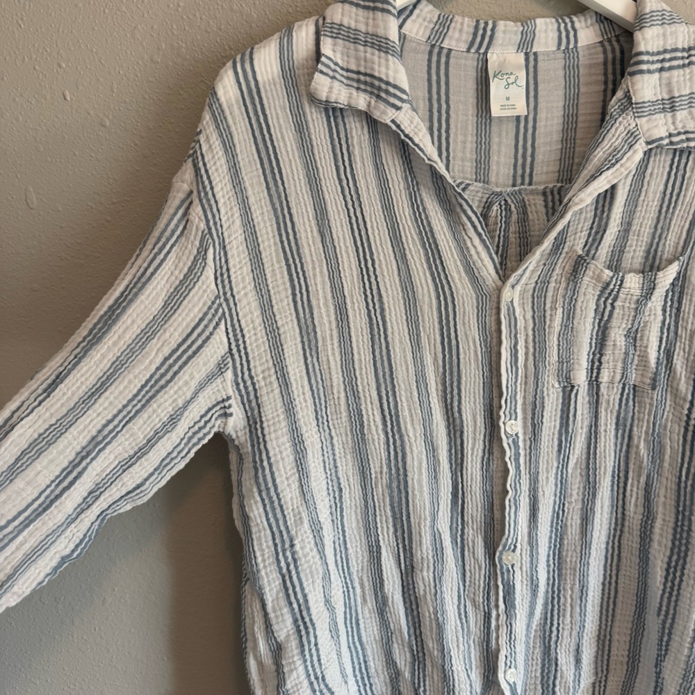 Softest Cotton Blue Striped Oversized Button Down Coastal Grandma Boho Chic - Picture 2 of 7